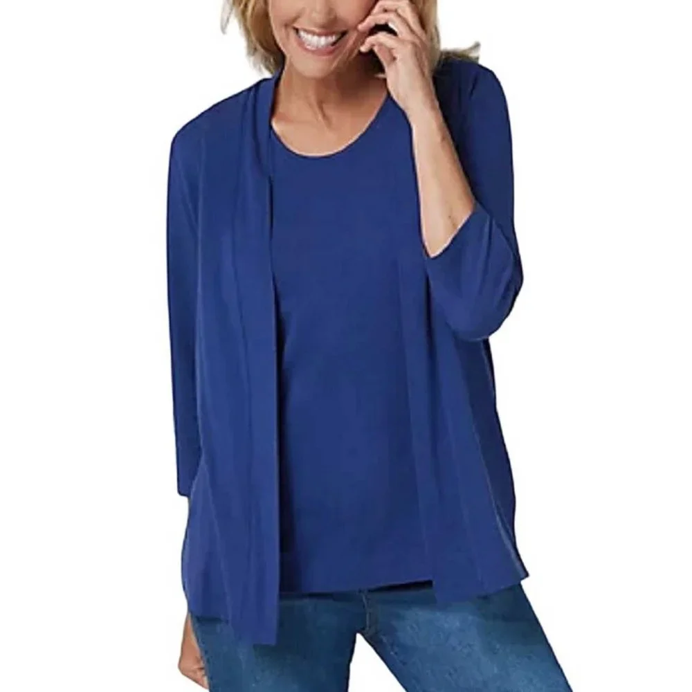 Denim & Co. Essentials Open Front Cardigan & Tank Set SMALL (818) - Picture 1 of 11
